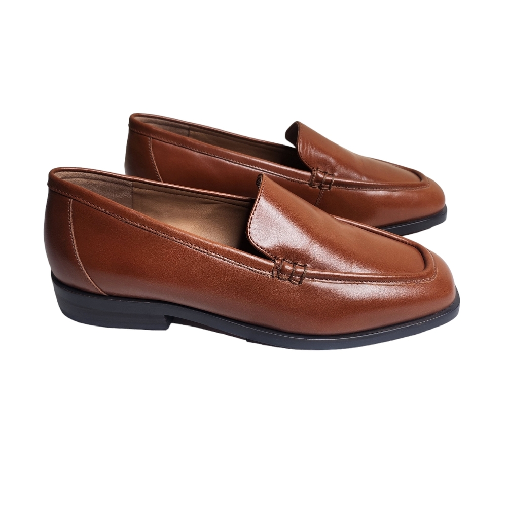 NWOB Madewell Women's cognac brown leather square toe slip on penny loafers 7.5